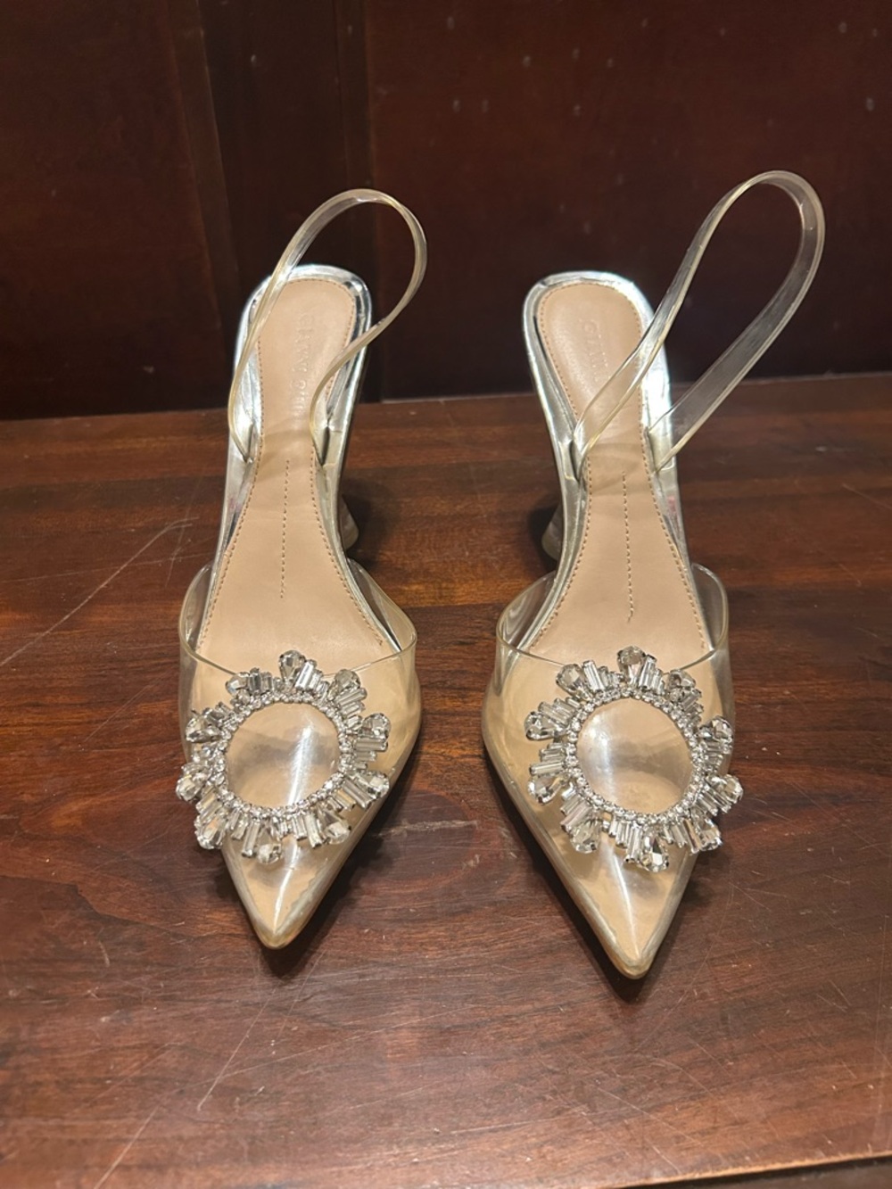 Crystal-Accent Clear Slingback Heels in Silver